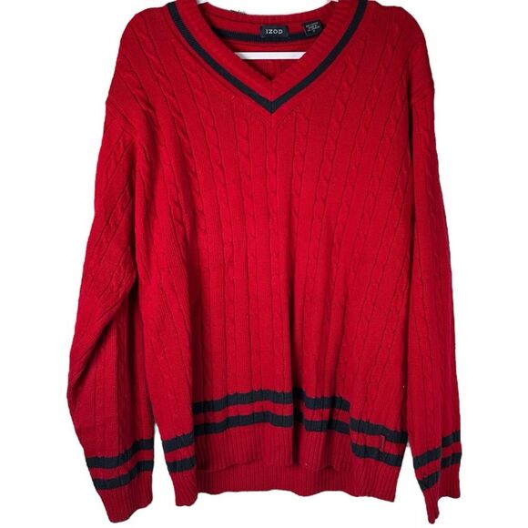 Izod Red Cable Knit Varsity Striped V-Neck Long Sleeve tennis Sweater Medium - Picture 1 of 5